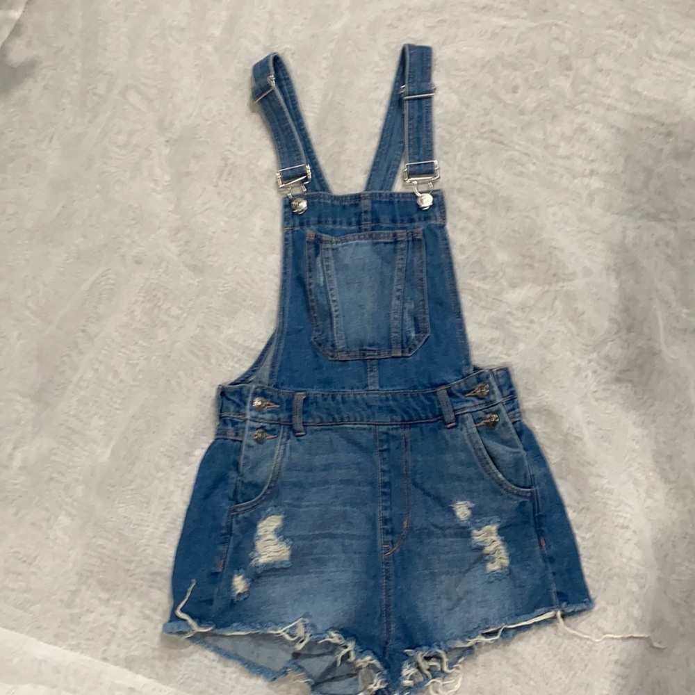 medium wash high waisted denim overall shorts